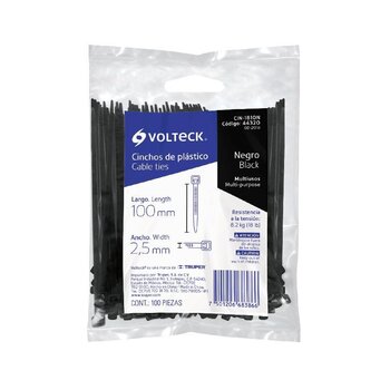 Cincho Plástico Volteck 10 cm Negro Tensión 8.16 kg 100 pz