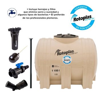 Tinaco Rotoplas 1100L Horizontal Filtro y Herrajes 1.43 x 1.05 m